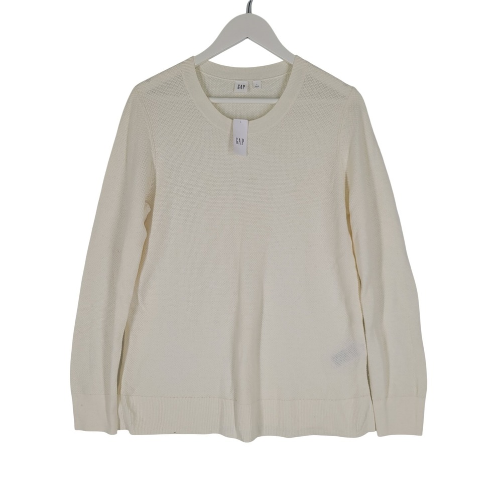 Gap Textured Knit Crewneck Sweater Womens Large Cream White Cotton Blend‎ NEW